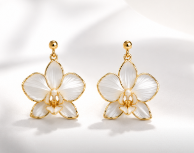 Boucles d'oreilles Orchidée - orchidée rose et dorée